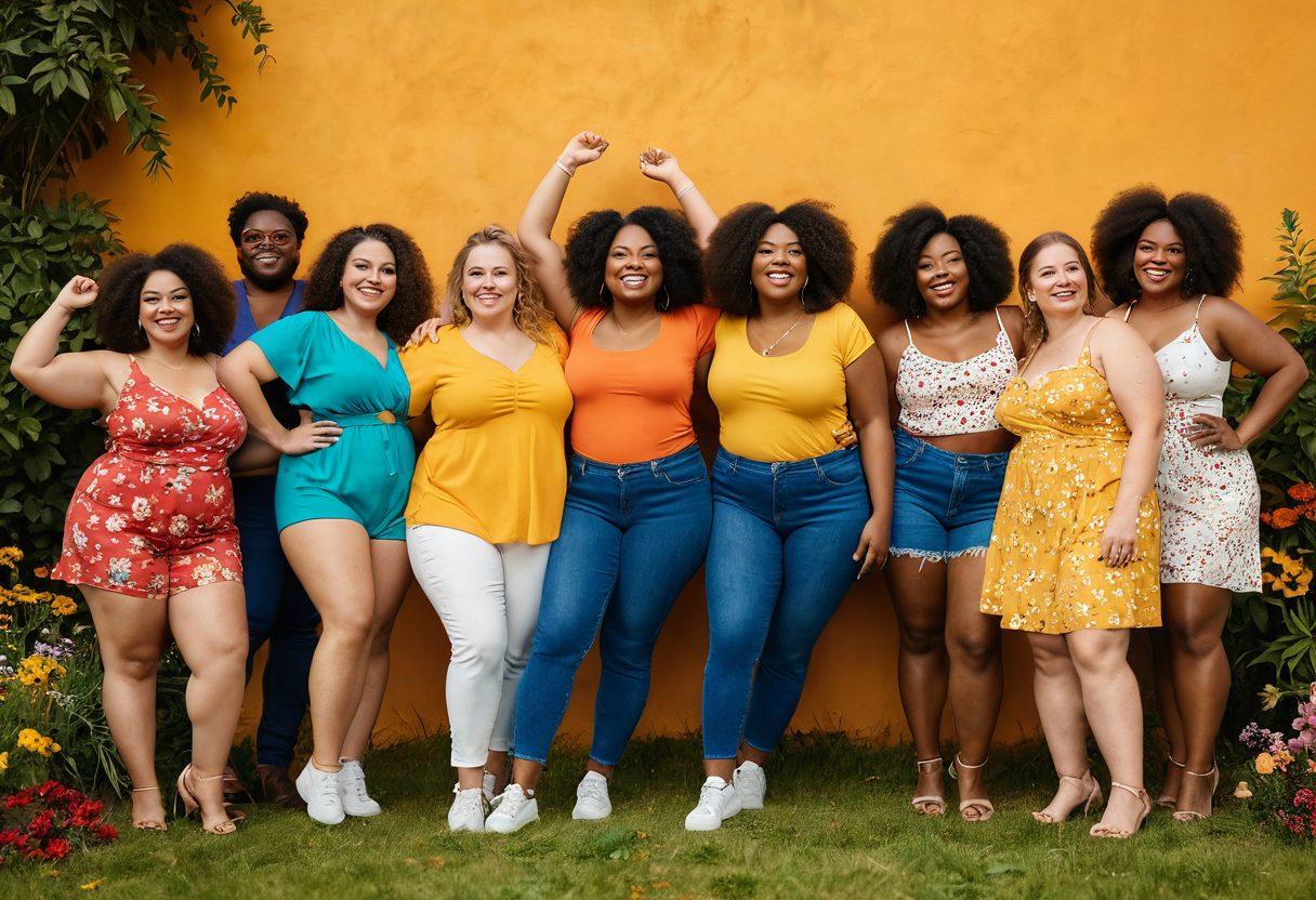 A diverse group of confident individuals of various body shapes and sizes, joyfully celebrating together in a vibrant outdoor setting, showcasing body positivity. Include bright and colorful clothing, smiles, and playful poses that embody self-love and acceptance. Incorporate elements of nature like flowers and sunshine to enhance the uplifting mood. super-realistic. vibrant colors. warm background.