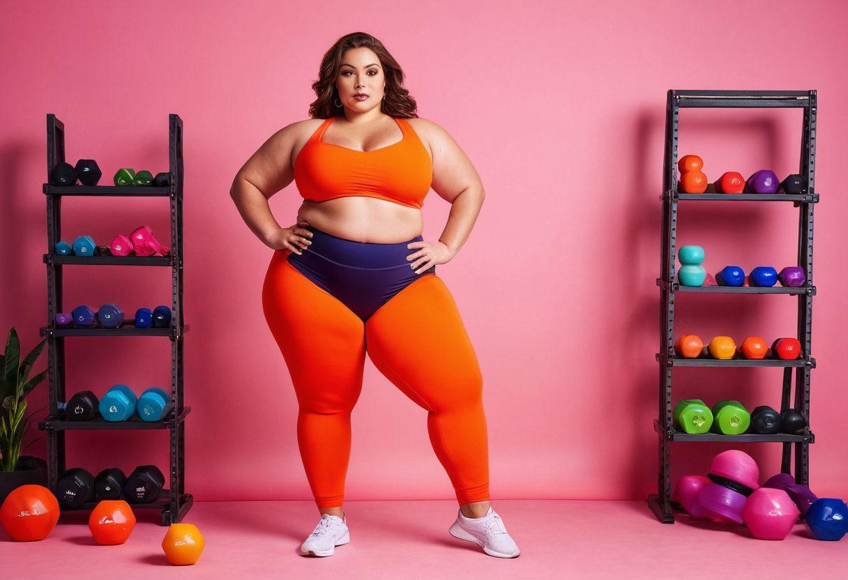 A confident, stylish plus-size model with big hips, showcasing a vibrant outfit that accentuates her curves. She stands in a dynamic pose, surrounded by fitness accessories like dumbbells and yoga mats, set against a colorful backdrop of fashion and beauty products. The scene exudes empowerment, highlighting self-love and body positivity. bright colors. super-realistic. soft focus.